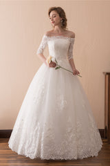 Wedding Dresses Cost, White Lace Long Sleeves Off Shoulder Strapless A Line Floor Length Wedding Dresses