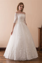 Wedding Dress Shoe, White Lace Long Sleeves Off Shoulder Strapless A Line Floor Length Wedding Dresses