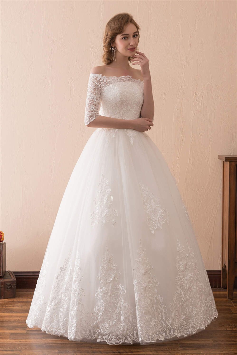 Wedding Dress Shoes, White Lace Long Sleeves Off Shoulder Strapless A Line Floor Length Wedding Dresses