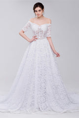 Wedding Dress Customization, White Lace Off The Shoulder Short Sleeve Corset Wedding Dresses