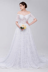 Wedding Dresses Modern, White Lace Off The Shoulder Short Sleeve Corset Wedding Dresses