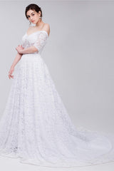 Wedding Dress Websites, White Lace Off The Shoulder Short Sleeve Corset Wedding Dresses