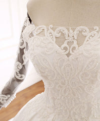 Wedding Dress With Straps, White Lace Satin Long Wedding Dress, Lace Satin Long Bridal Gown