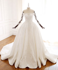 Wedding Dress Deals, White Lace Satin Long Wedding Dress, Lace Satin Long Bridal Gown
