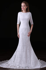 Wedding Dress Near Me, White Lace Sleeves Button Back Mermaid Wedding Dresses