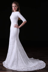 Wedding Dress Ball Gown, White Lace Sleeves Button Back Mermaid Wedding Dresses