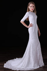 Wedding Dresses For Over 58S, White Lace Sleeves Button Back Mermaid Wedding Dresses