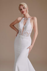 Wedding Dress Trends, White Mermaid Halter Backless Sweep Train Wedding Dresses with Lace