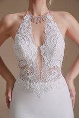 Wedding Dress Online, White Mermaid Halter Backless Sweep Train Wedding Dresses with Lace