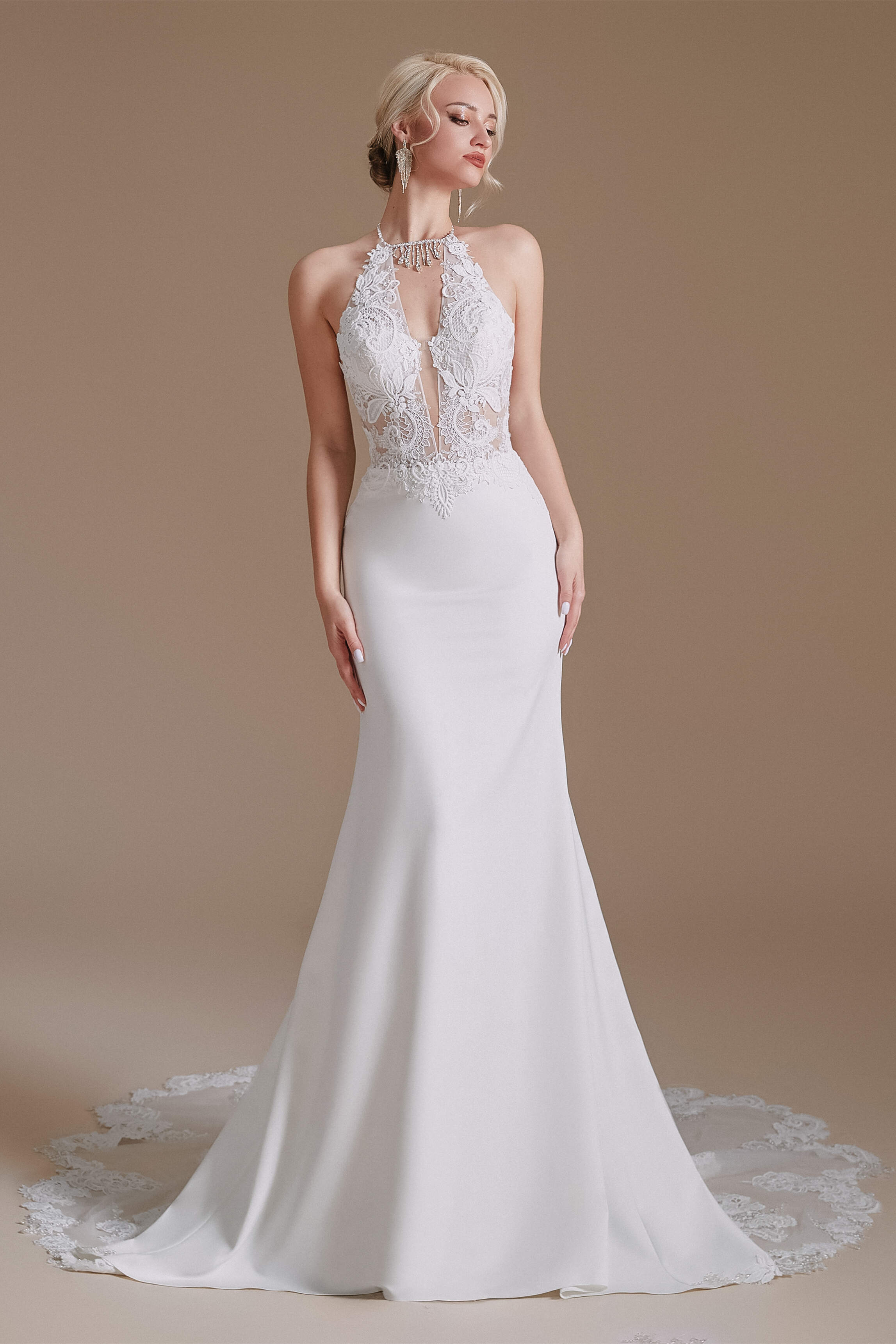 Wedding Dress Outfits, White Mermaid Halter Backless Sweep Train Wedding Dresses with Lace