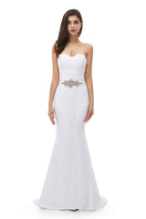 Wedding Dresses Classic Elegant, White Mermaid Lace Sweetheart Pleats Belt Wedding Dresses