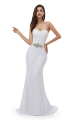 Wedding Dresses A Line Lace, White Mermaid Lace Sweetheart Pleats Belt Wedding Dresses
