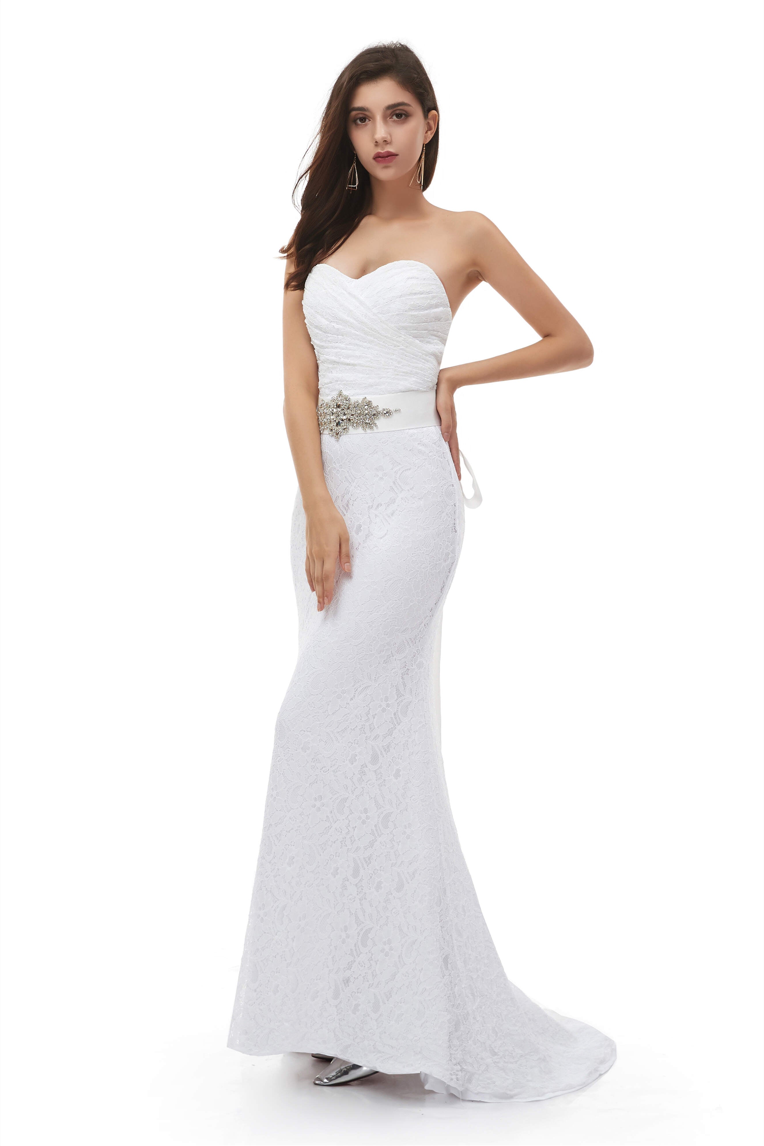 Wedding Dress A Line Lace, White Mermaid Lace Sweetheart Pleats Belt Wedding Dresses