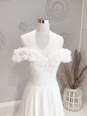 Wedding Dress Online, White Off Shoulder Flowers Long Wedding Dress, White Beach Wedding Dress
