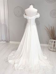 Wedding Dresses Romantic, White Off Shoulder Flowers Long Wedding Dress, White Beach Wedding Dress
