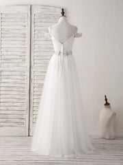Formal Dresses Elegant, White Off Shoulder Tulle Beads Long Prom Dress White Evening Dress