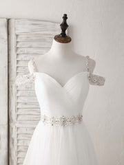 Formal Dress Online, White Off Shoulder Tulle Beads Long Prom Dress White Evening Dress