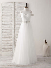 Formal Dress Gown, White Off Shoulder Tulle Beads Long Prom Dress White Evening Dress