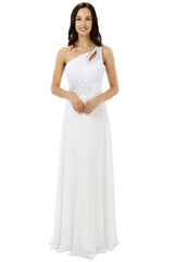 Party Dress Outfits, White One Shoulder Chiffon Pleats Beading Bridesmaid Dresses