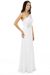 Party Dress Idea, White One Shoulder Chiffon Pleats Beading Bridesmaid Dresses