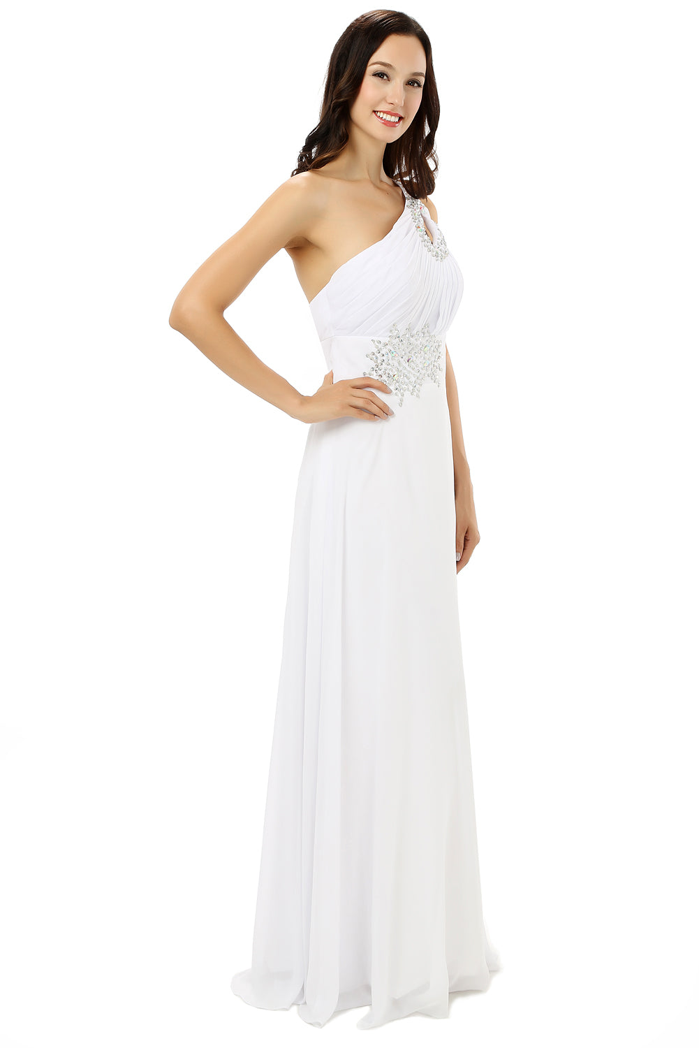 Party Dresses Online, White One Shoulder Chiffon Pleats Beading Bridesmaid Dresses