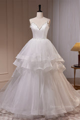Wedding Dresse Lace, White Pearl Beaded Double Straps Ruffle-Layers Long Wedding Dress
