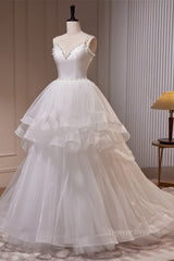 Weddings Dresses Lace, White Pearl Beaded Double Straps Ruffle-Layers Long Wedding Dress