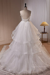 Wedding Dresses For Fall Wedding, White Pearl Beaded Double Straps Ruffle-Layers Long Wedding Dress