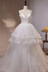 Wedding Dress For Fall Wedding, White Pearl Beaded Double Straps Ruffle-Layers Long Wedding Dress