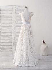Formal Dress Websites, White Round Neck Lace High Low Prom Dress White Bridesmaid Dress