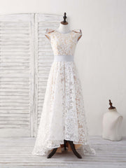 Formal Dress Wedding, White Round Neck Lace High Low Prom Dress White Bridesmaid Dress
