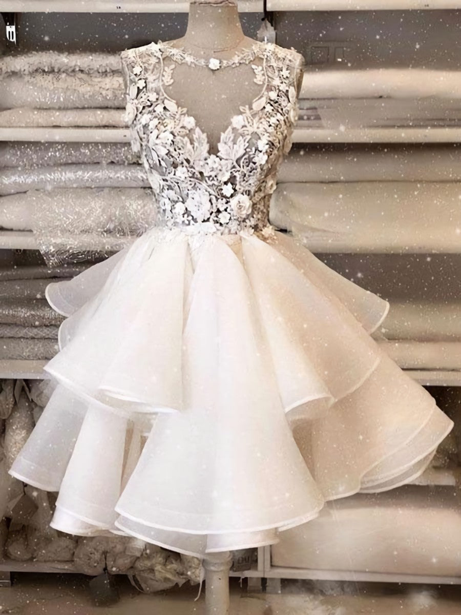 Bridesmaid Dress Blush, White round neck tulle lace short prom dress, white homecoming dress