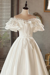 Wedding Dress Designers, White Satin Lace Off Shoulder Prom Dress, White Evening Dress, Wedding Dress