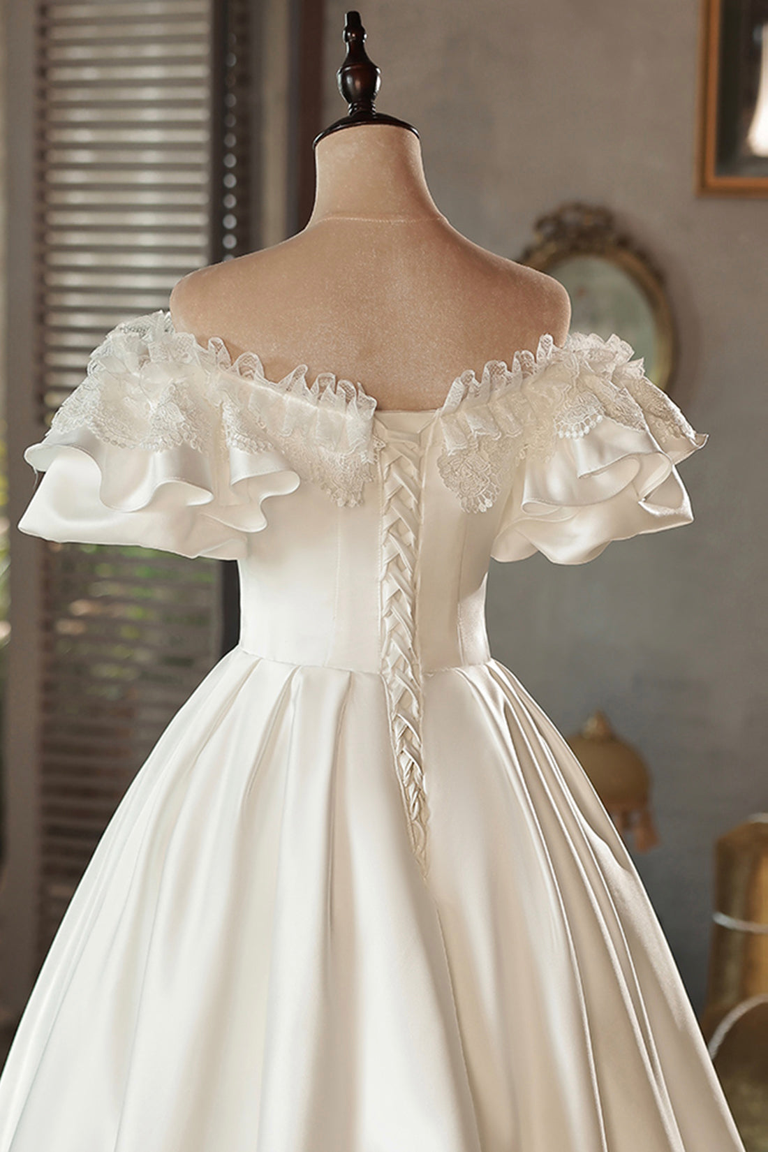 Wedding Dress Vintage, White Satin Lace Off Shoulder Prom Dress, White Evening Dress, Wedding Dress