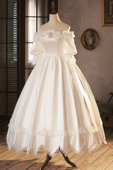 Wedding Dress A Line, White Satin Lace Prom Dress, White Evening Dress, Wedding Dress