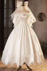 Wedding Dresses Long Sleeve, White Satin Lace Prom Dress, White Evening Dress, Wedding Dress
