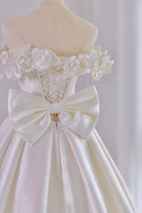 Wedding Dress Under 500, White Satin Long A-Line Ball Gown, Off the Shoulder Wedding Gown