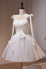 Party Dresses Designer, White Spaghetti Strap Short Prom Dress, White Tulle Party Dress