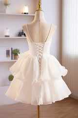 Party Dress Fancy, White Spaghetti Strap Tulle Short Prom Dress, White A-Line Homecoming Dress