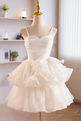 Party Dress Shop Near Me, White Spaghetti Strap Tulle Short Prom Dress, White A-Line Homecoming Dress