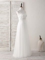 Formal Dresses Short, White Sweetheart Neck Tulle Beads Long Prom Dress White Evening Dress