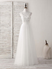 Formal Dress Trends, White Sweetheart Neck Tulle Beads Long Prom Dress White Evening Dress