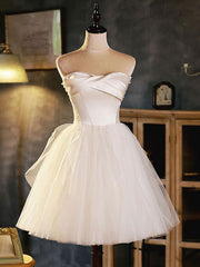 Party Dress Open Back, White Sweetheart Neck Tulle Short Prom Dress, Light Champagne Homecoming Dress