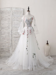 Party Dresses 2025, White Sweetheart Tulle Applique Long Prom Dress, White Evening Dress