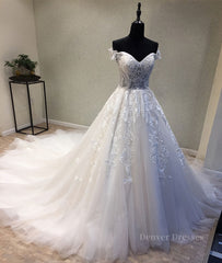 Wedding Dress Girl, White sweetheart tulle lace applique long prom dress, wedding dress