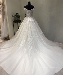 Wedding Dresses Girl, White sweetheart tulle lace applique long prom dress, wedding dress