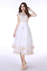 Wedding Dress For Spring, White Tulle Champagne Lace Tea Length Sleeveless Wedding Dresses