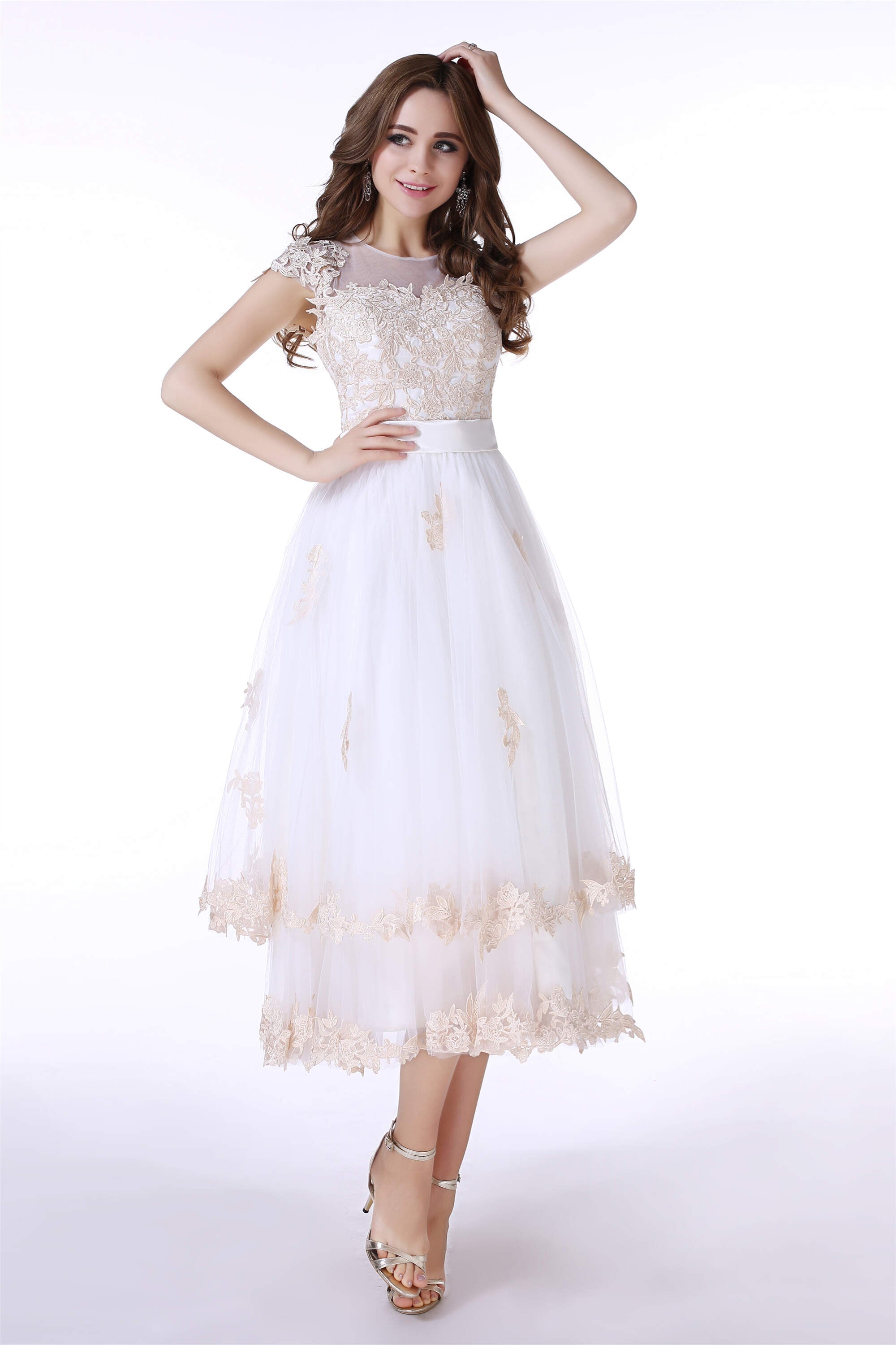 Wedding Dress For Dancing, White Tulle Champagne Lace Tea Length Sleeveless Wedding Dresses