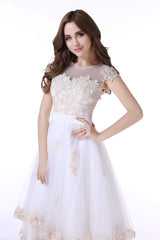 Wedding Dress Outlet, White Tulle Champagne Lace Tea Length Sleeveless Wedding Dresses