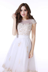 Wedding Dresses Outlet, White Tulle Champagne Lace Tea Length Sleeveless Wedding Dresses